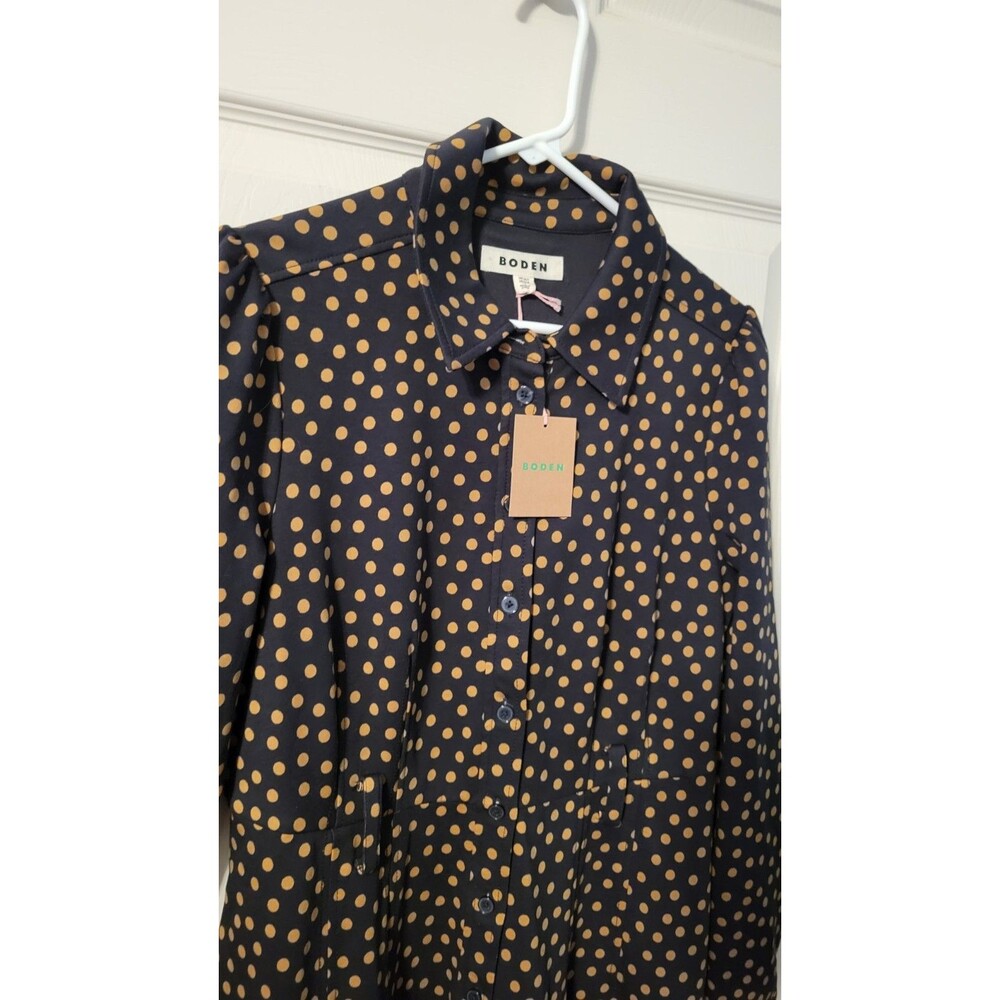 NWT Boden Anita Long Sleeve Midi Shirt Dress Black Gold Dot US 10R No Belt - Picture 2 of 10